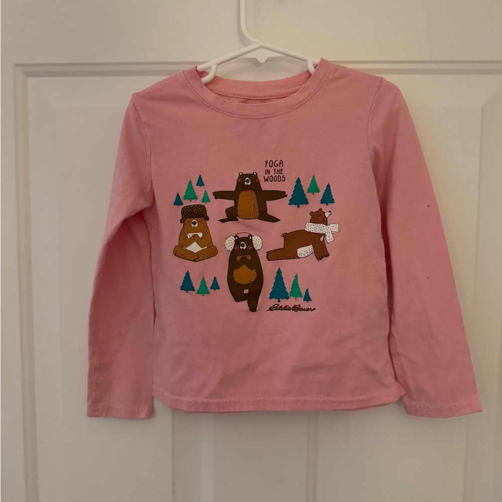 Eddie Bauer Pink Shirt with Outdoor Bears doing Yoga